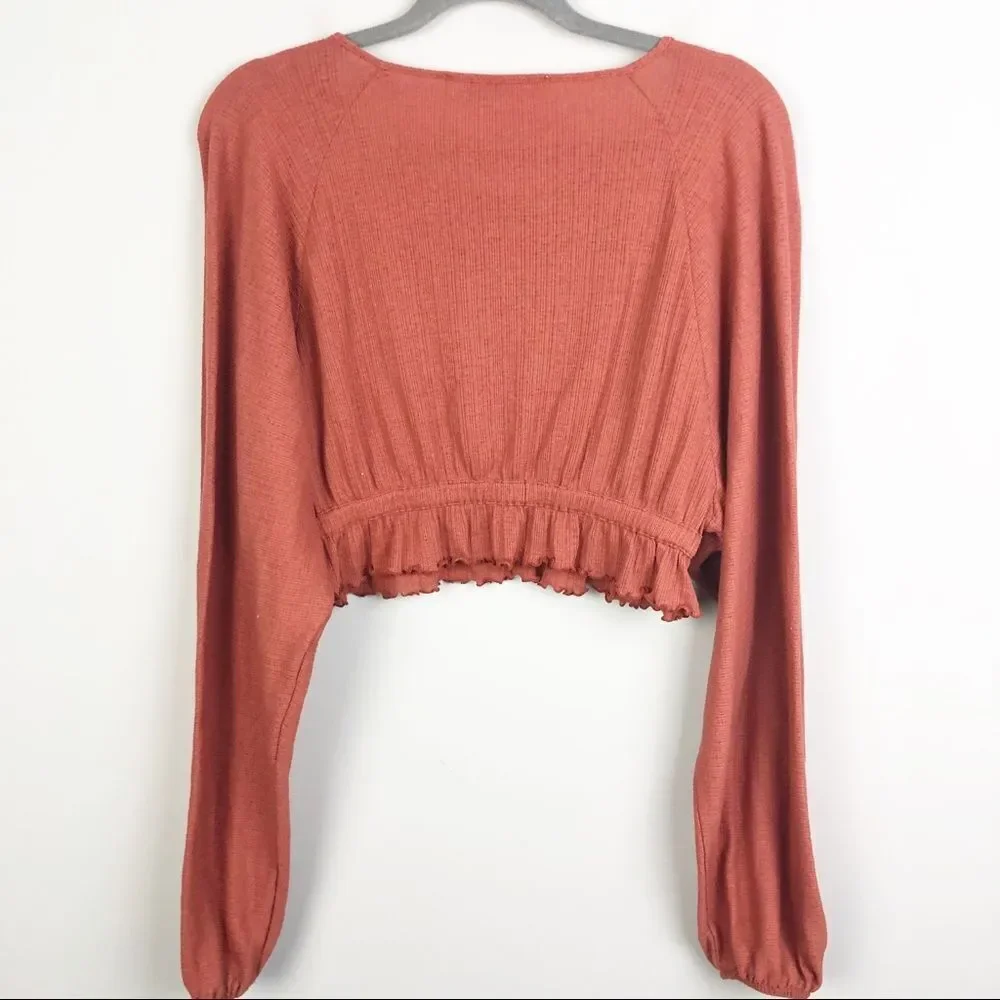 FREE PEOPLE BEACH | Rust Orange Peasant Long Sleeve Cropped Top Women’s Size S